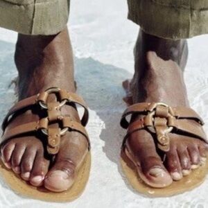 Zara leather slip on sandals gold hardware/ embellished metal detail size 10/ 41